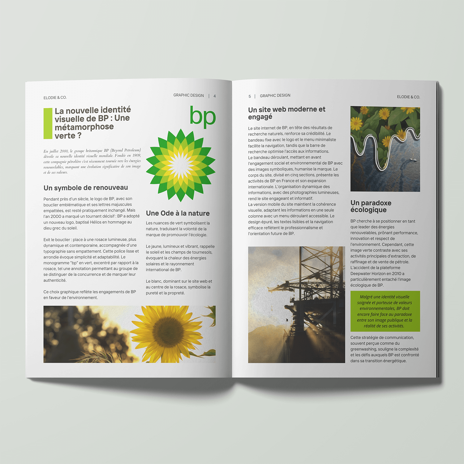 Mockup présentant un magazine parlant de l'identité visuelle du groupe BP