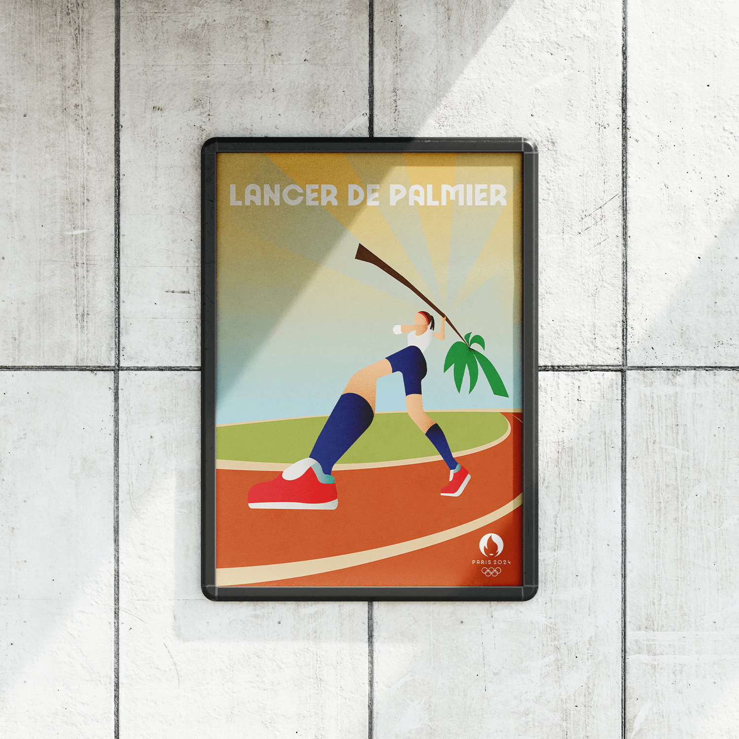 Mockup présentant une affiche pour une épreuve de lancer de palmiers aux Jeux Olympiques