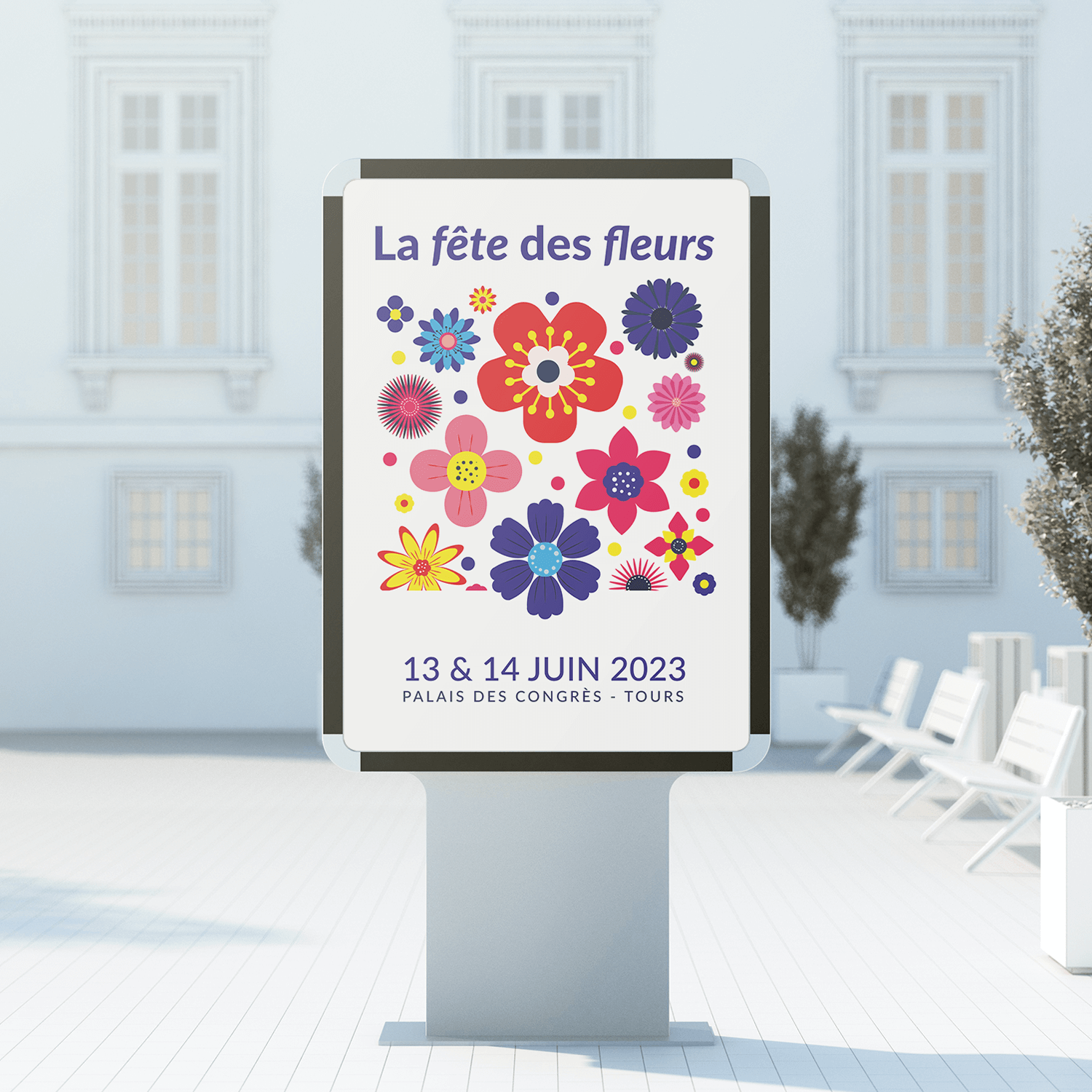 Mockup présentant un panneau d'affichage urbain avec un poster pour la fête des Fleurs de Tours